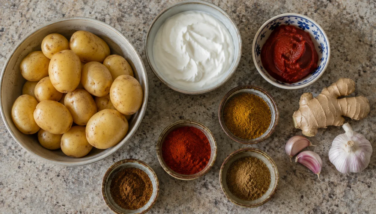Dum aloo ingredients with baby potatoes and spices