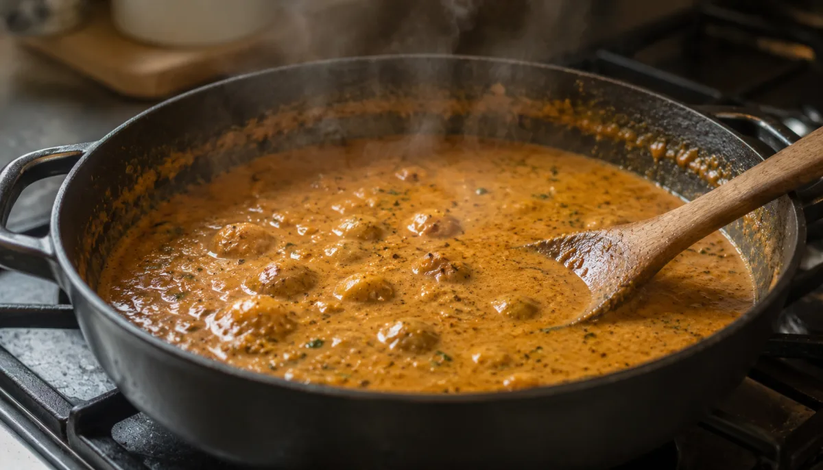 Spiced yogurt gravy simmering gently in a pan