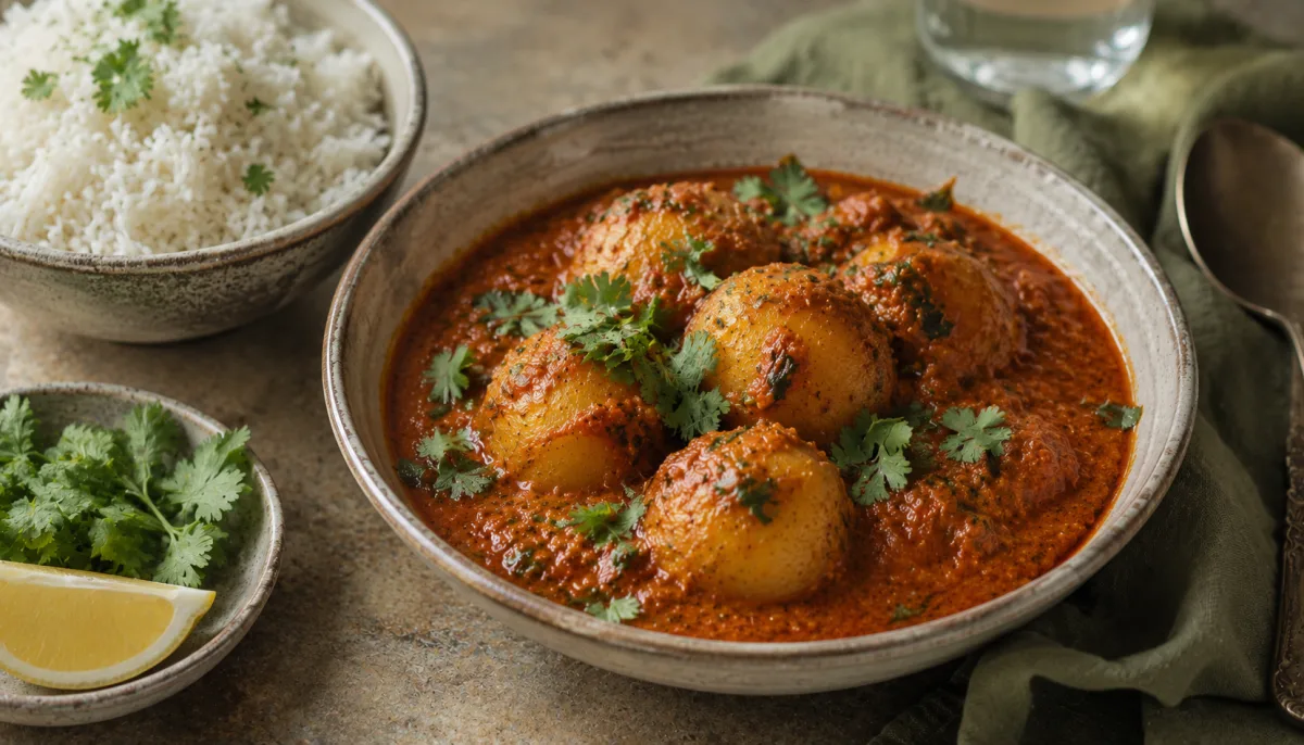 Finished dum aloo served with rice and herbs