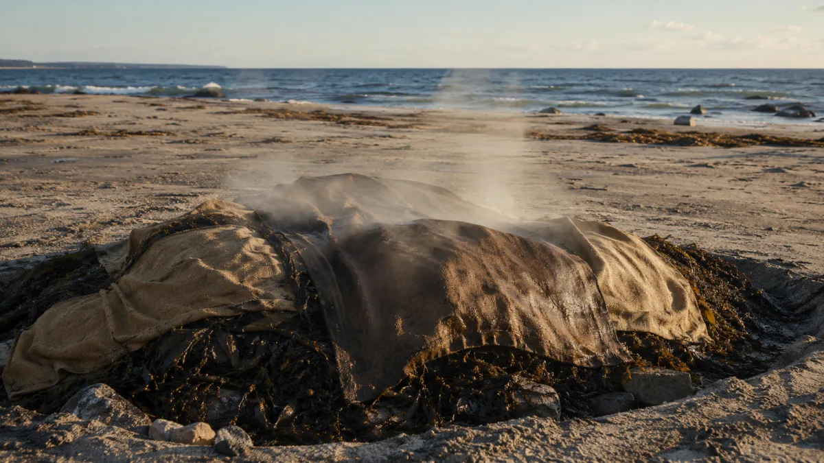Traditional New England pit clambake with seaweed-covered rocks on a beach