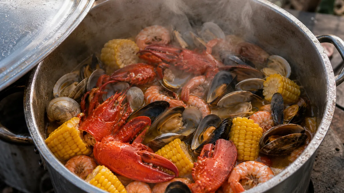 Finished stovetop clambake with open clams, red lobster, and corn in a large pot