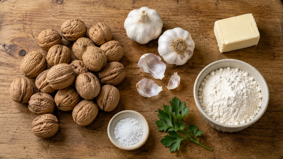 Whole shelled walnuts, garlic bulbs, butter and flour arranged as sauce ingredients on a wooden surface