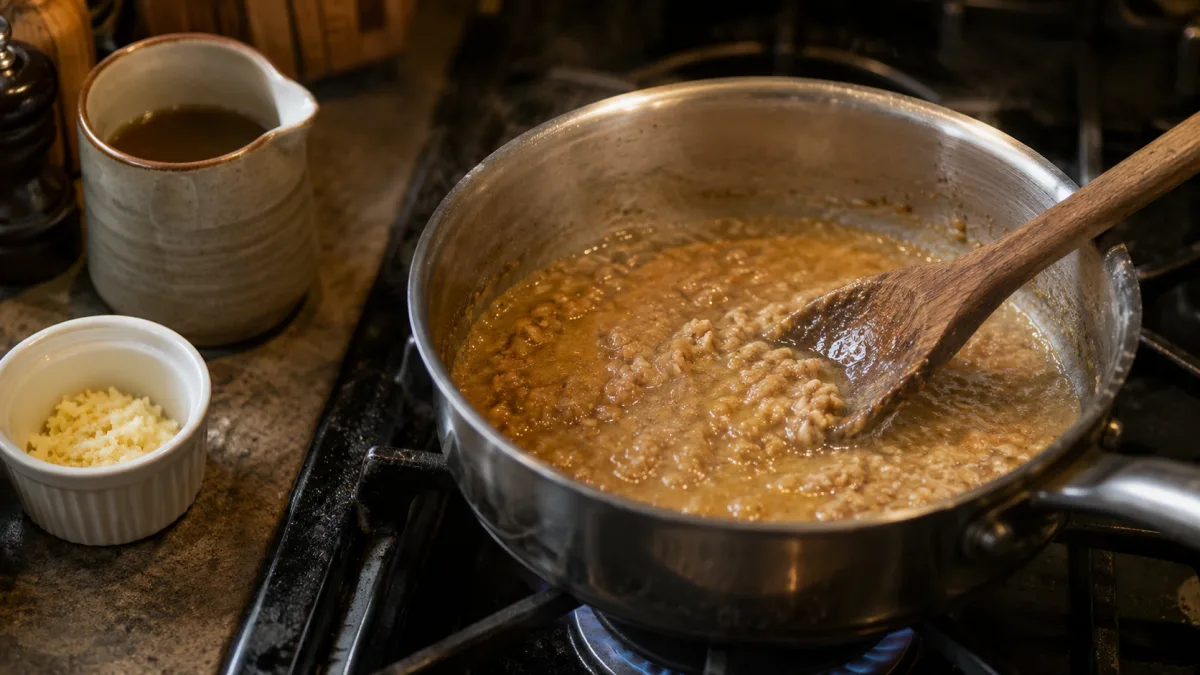 A small saucepan with golden butter-walnut roux sauce being stirred with a wooden spoon on a stovetop
