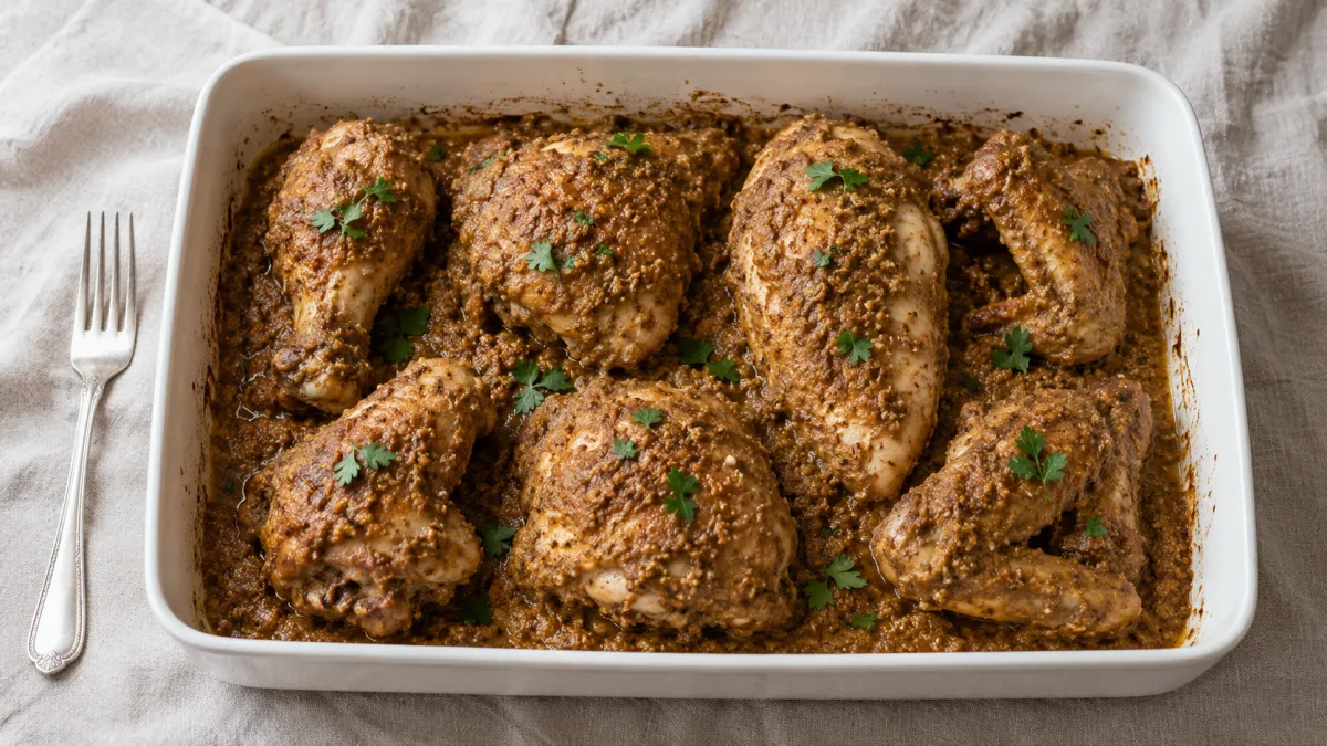 Cooked Yugoslavian chicken pieces in walnut sauce in a white ceramic baking dish, ready to serve
