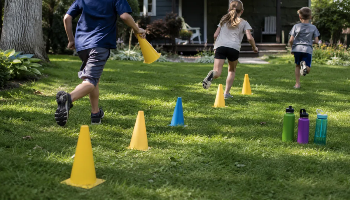 Kids running a cone relay in a park