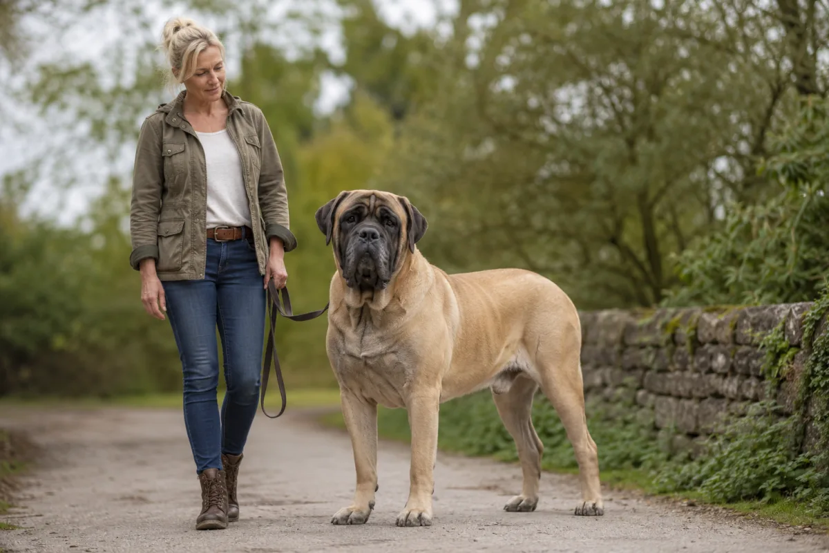 English Mastiff standing beside an adult handler