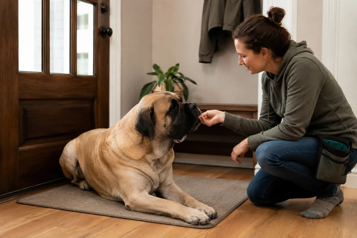 English Mastiff practicing calm place training