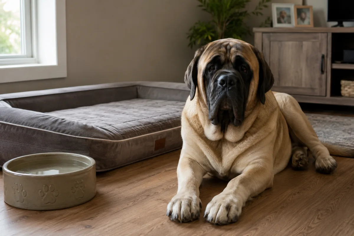 English Mastiff resting beside large dog bed