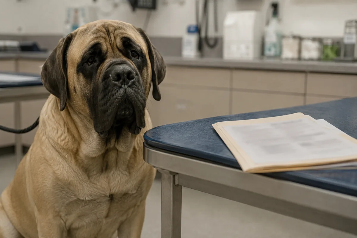 Mastiff at veterinary clinic with health records