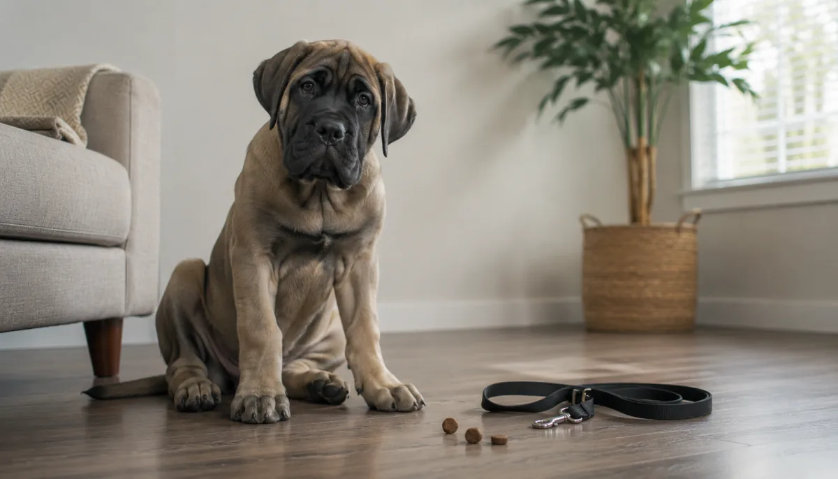 Mastiff puppy practicing sit beside a leash indoors