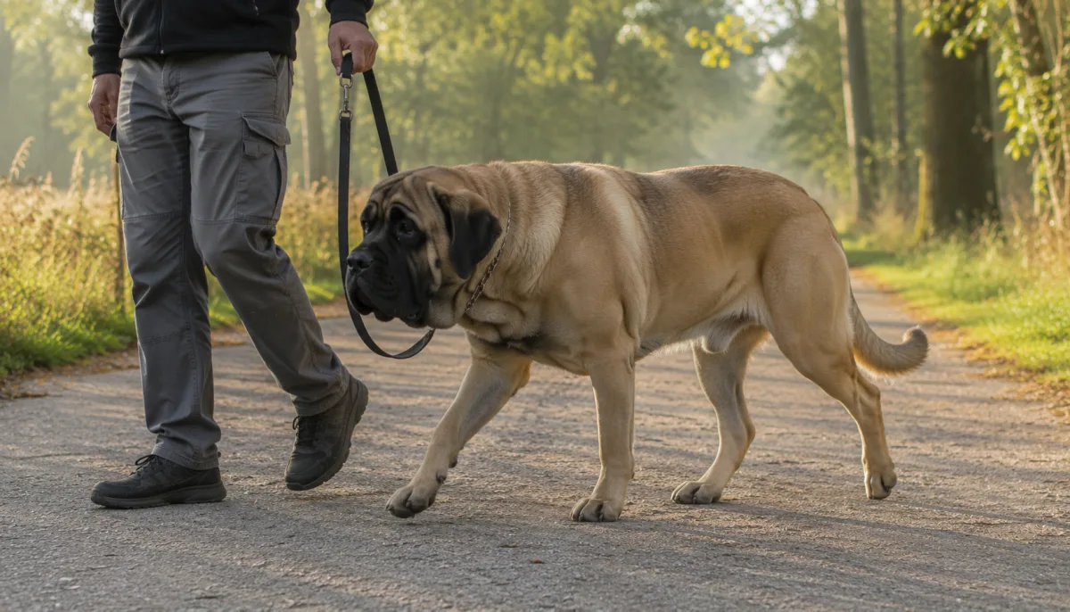English Mastiff walking calmly on a loose leash