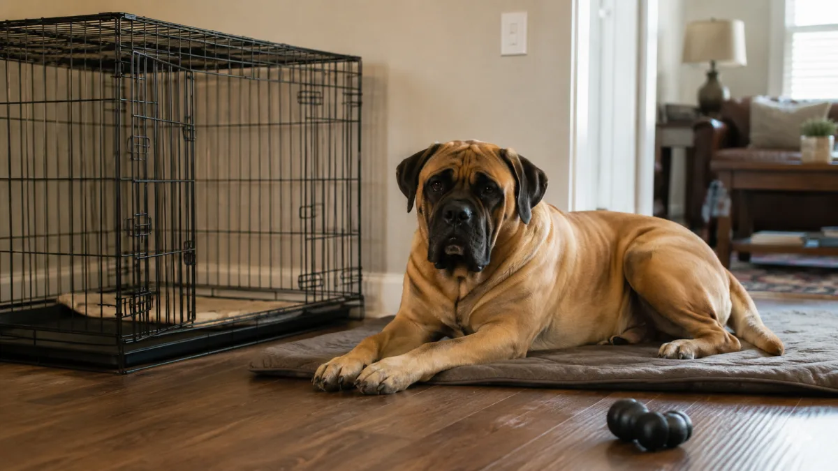 Large dog resting on a training mat near a crate