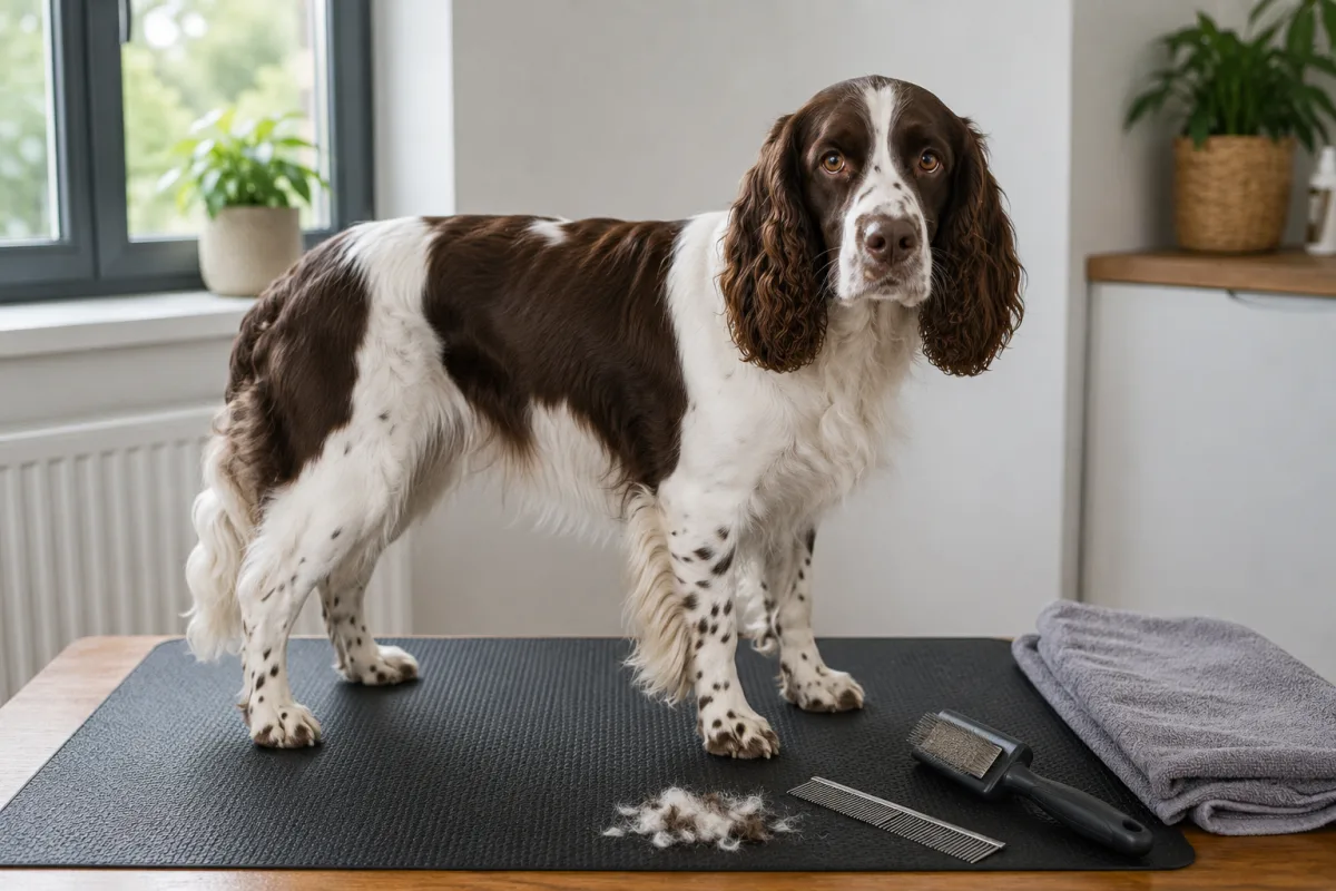 English Springer Spaniel grooming tools beside a brushed feathered coat