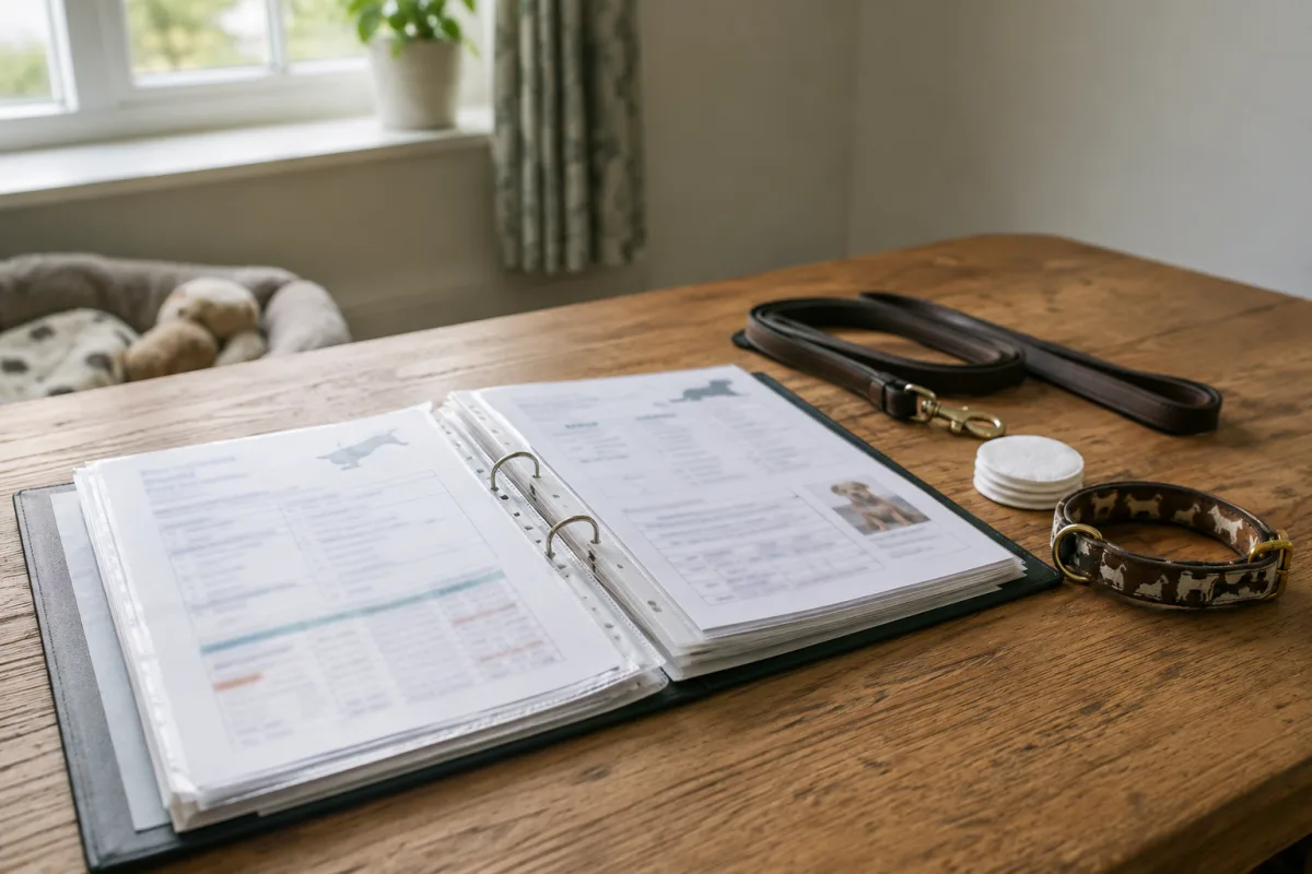 Dog health testing folder beside an English Springer Spaniel leash