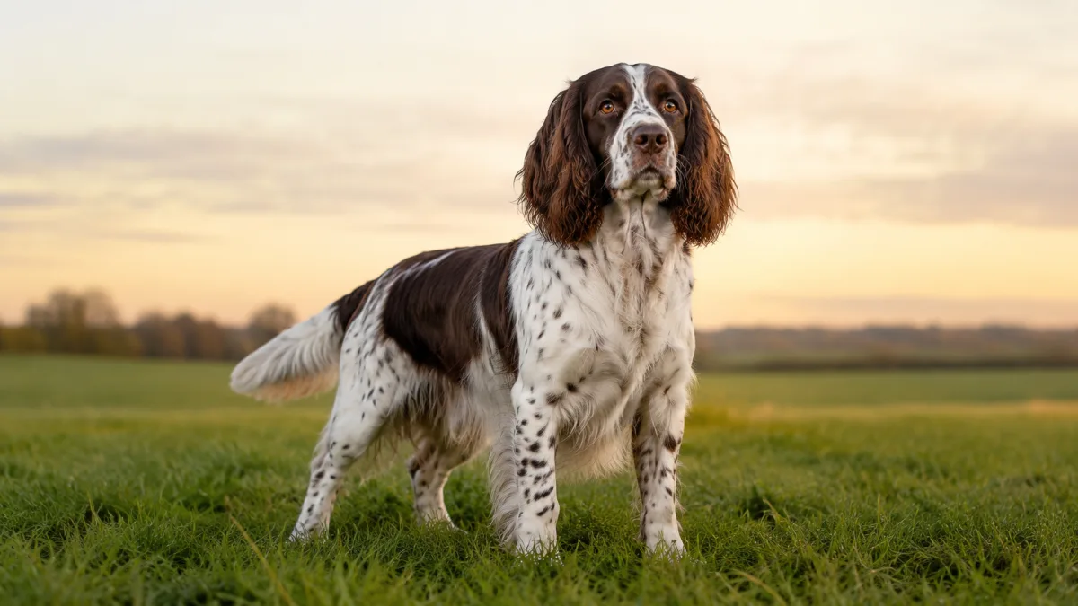 English Springer Spaniel liver and white coat standing in a field