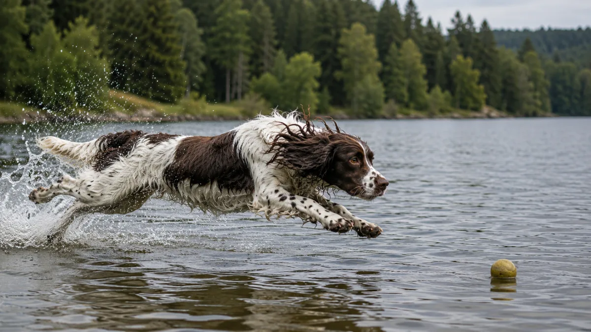 English Springer Spaniel retrieving a ball from a lake