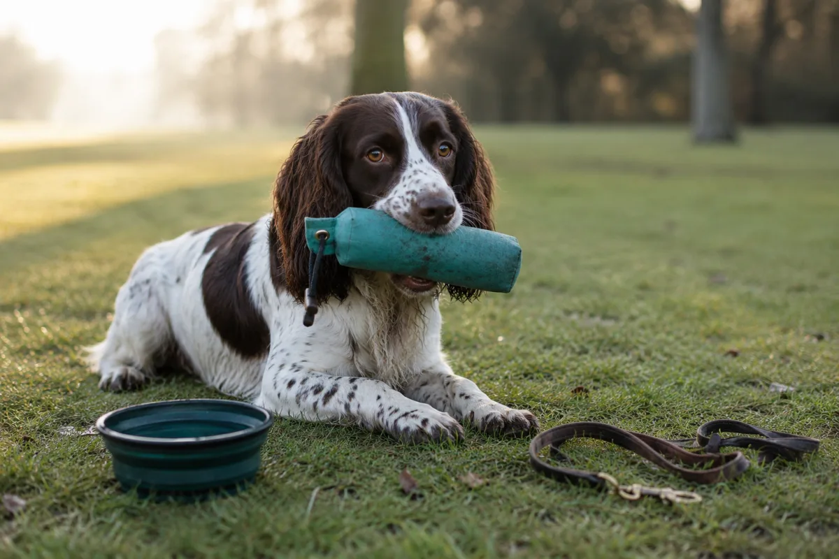 English Springer Spaniel practicing retrieve work in a park