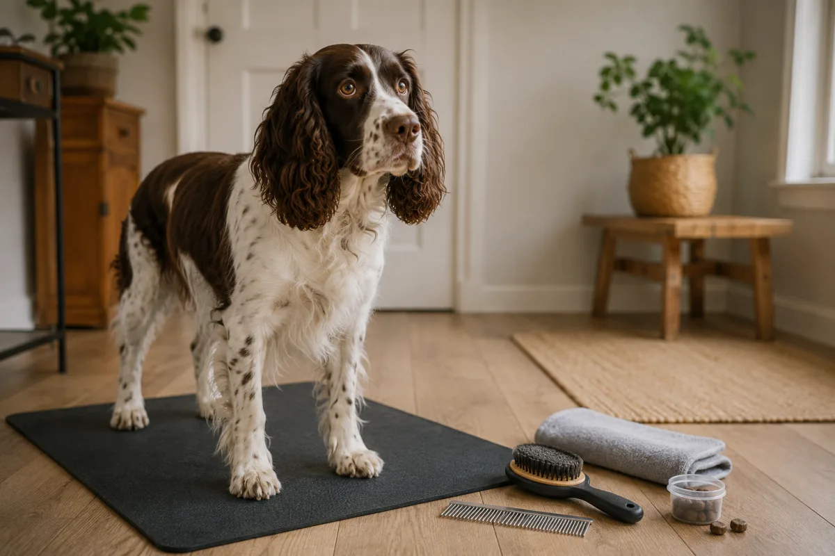 English Springer Spaniel calmly standing for brushing on a mat