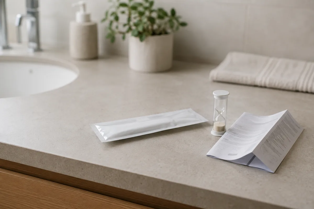 Home pregnancy test instructions, timer, and unopened test on a bathroom counter