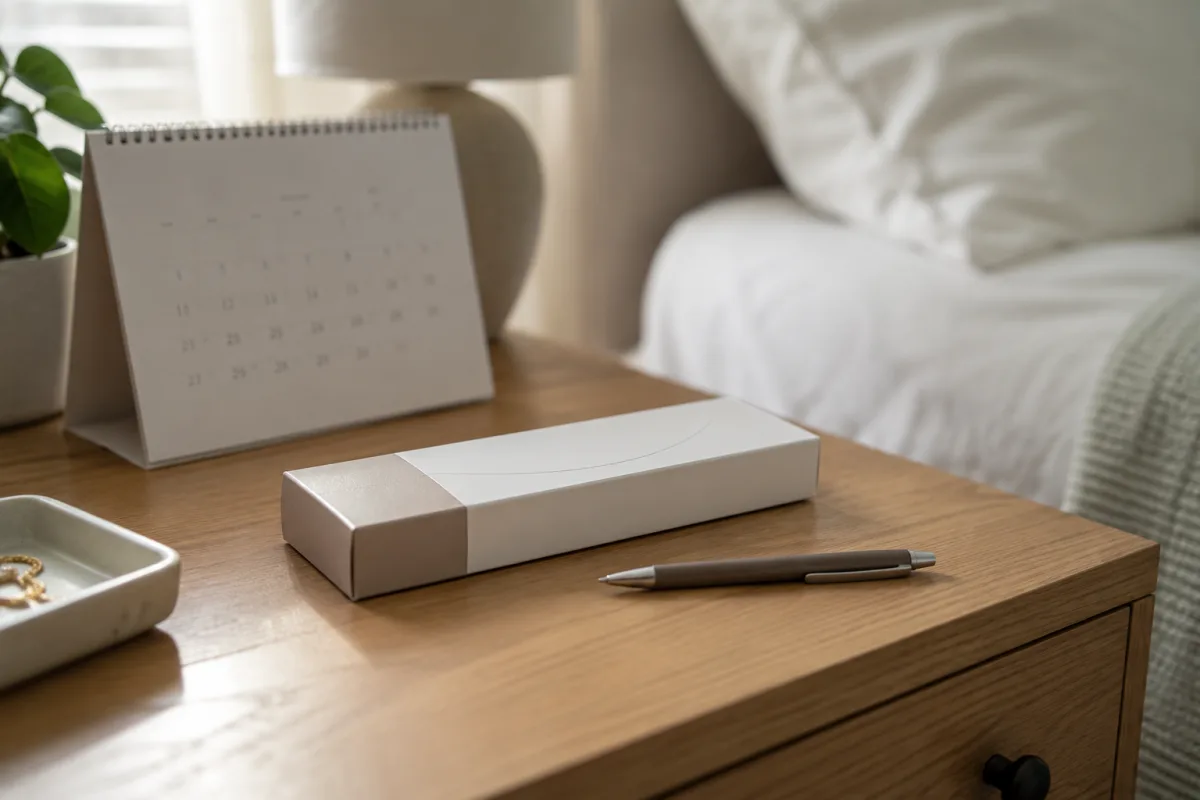 Calendar, pregnancy test box, and pen for planning a retest