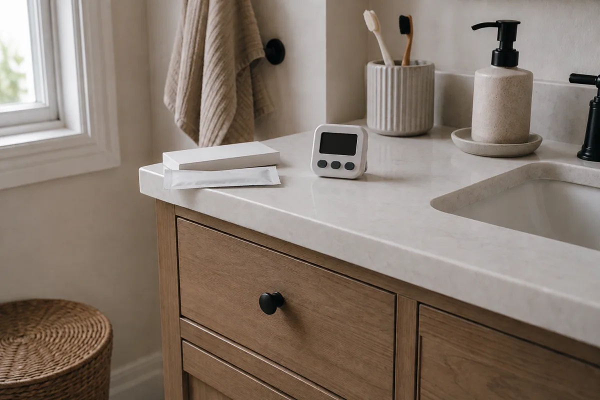 Digital timer beside a closed bathroom drawer with pregnancy tests