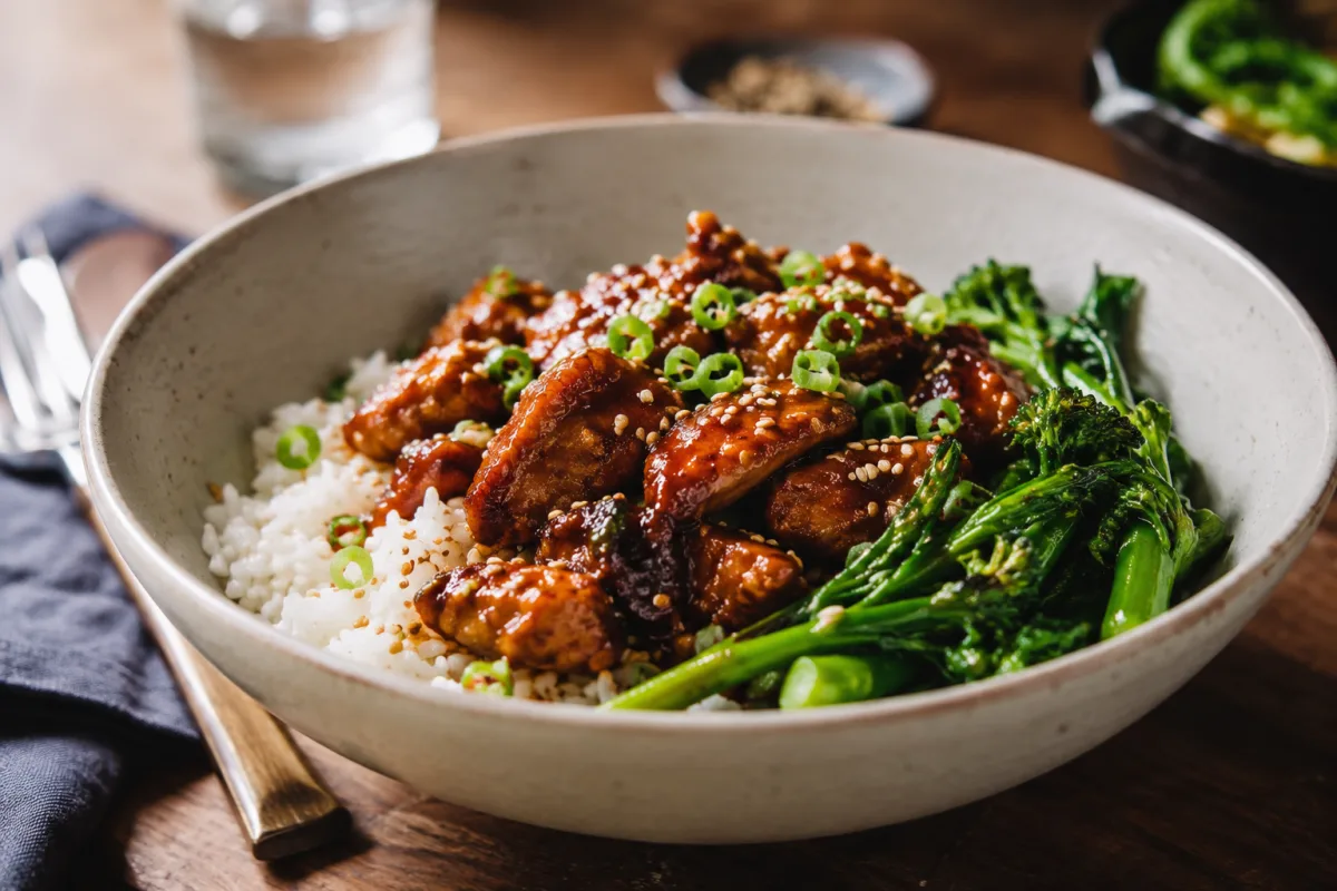 Fire cracker chicken served with rice and vegetables