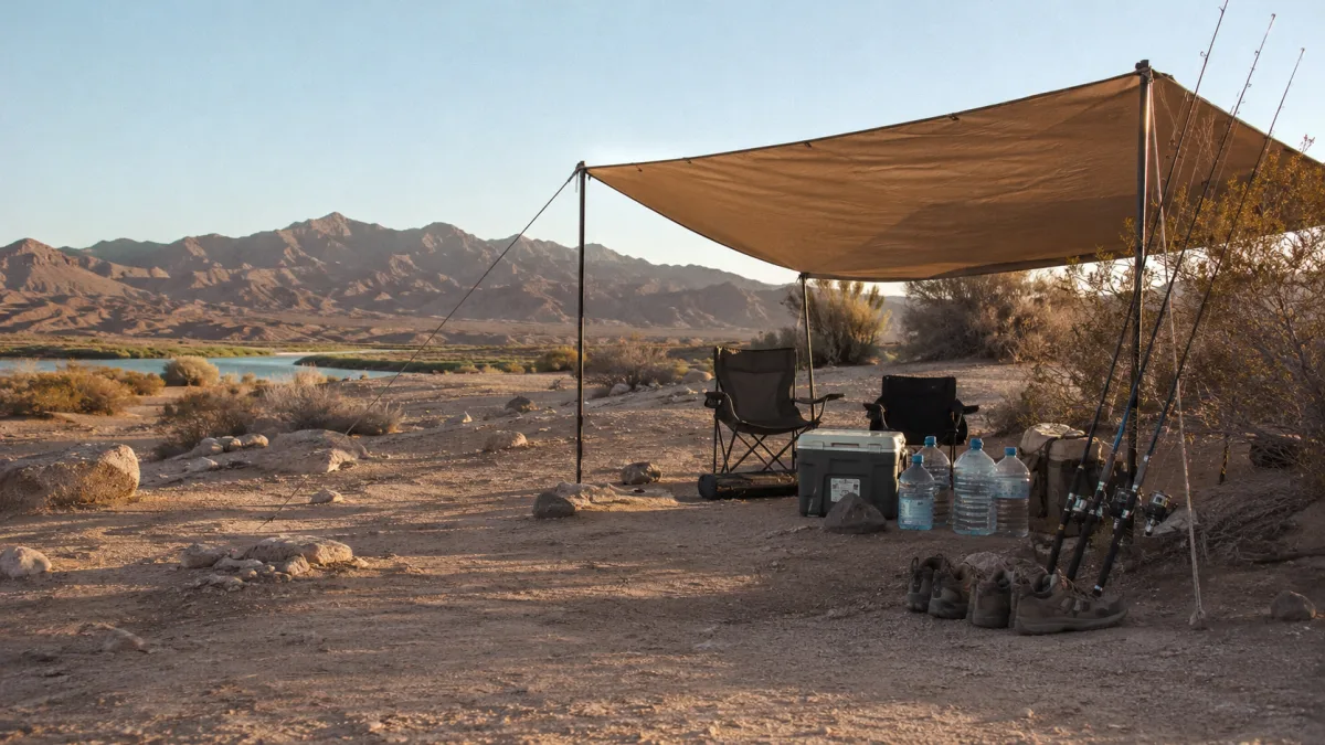 Desert camping shade and fishing gear