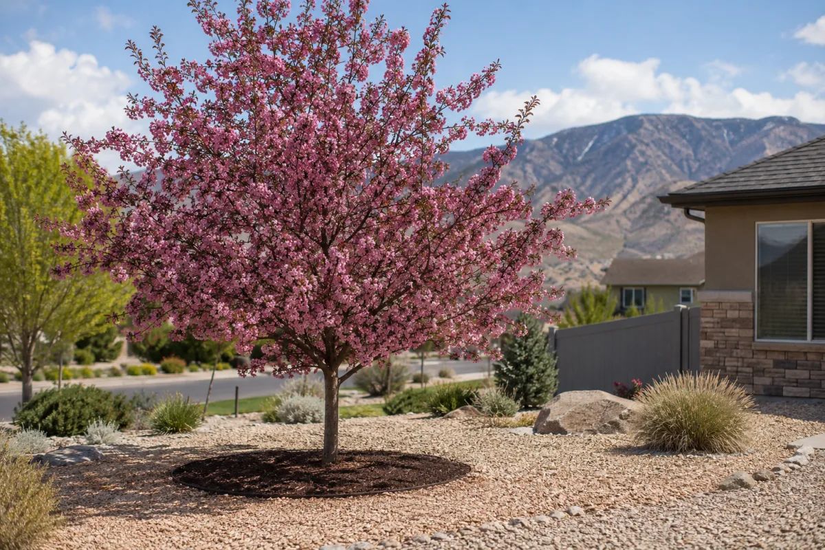 Flowering crabapple tree in a Utah neighborhood yard