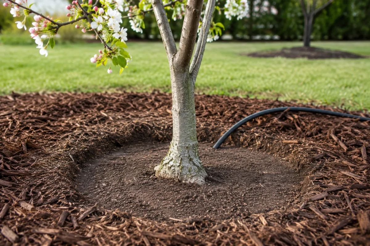 Properly mulched young flowering tree with visible root flare