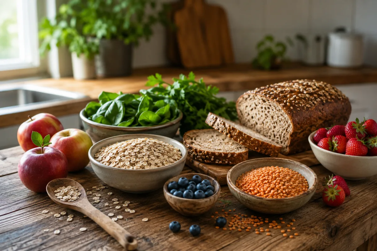 Fiber-rich foods on a kitchen counter