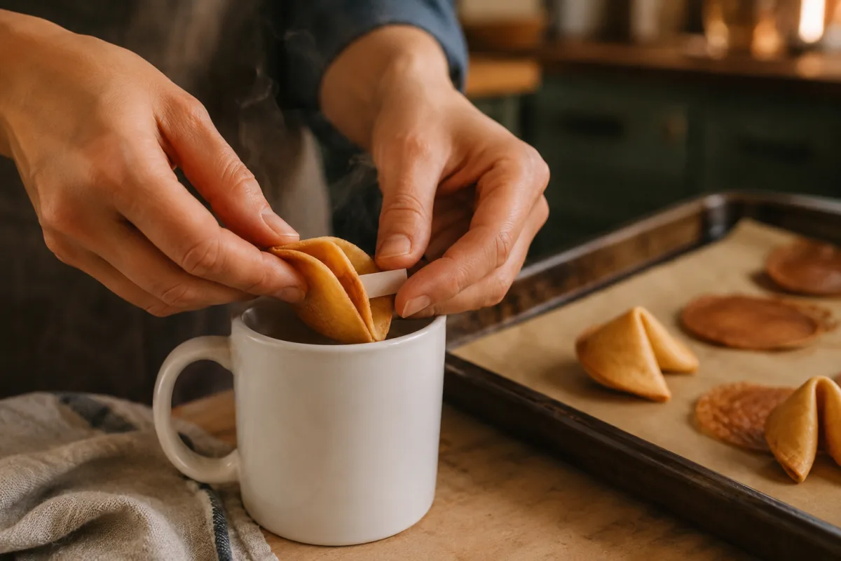 Fresh fortune cookie being folded over a mug rim