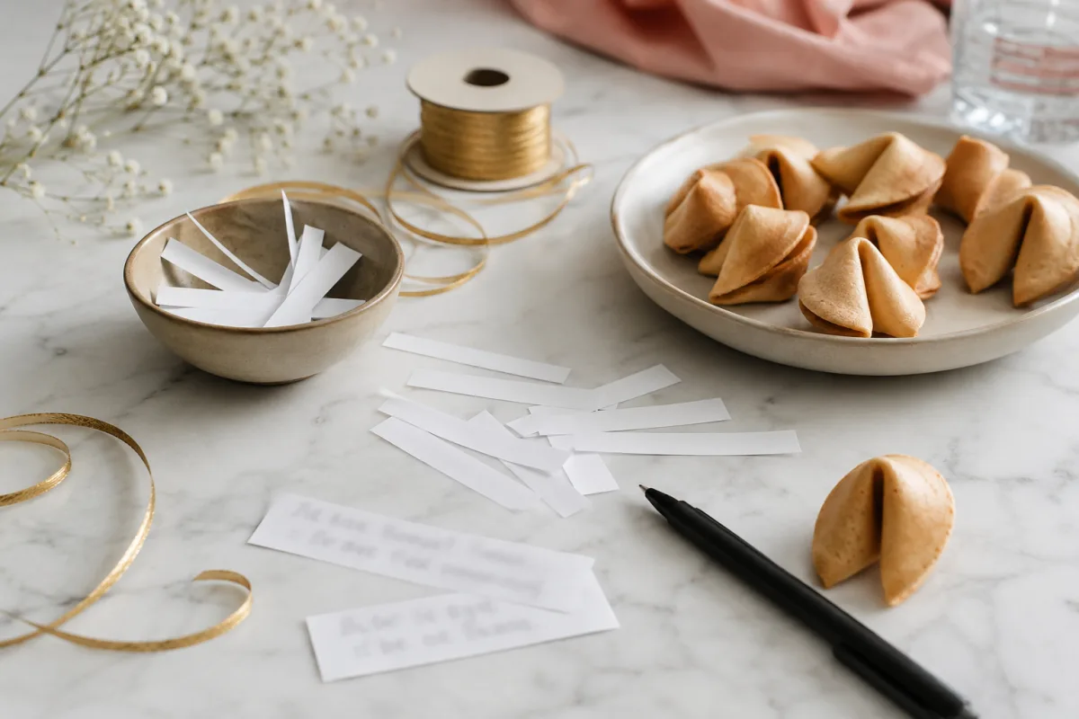 Handwritten New Year fortune strips for cookies