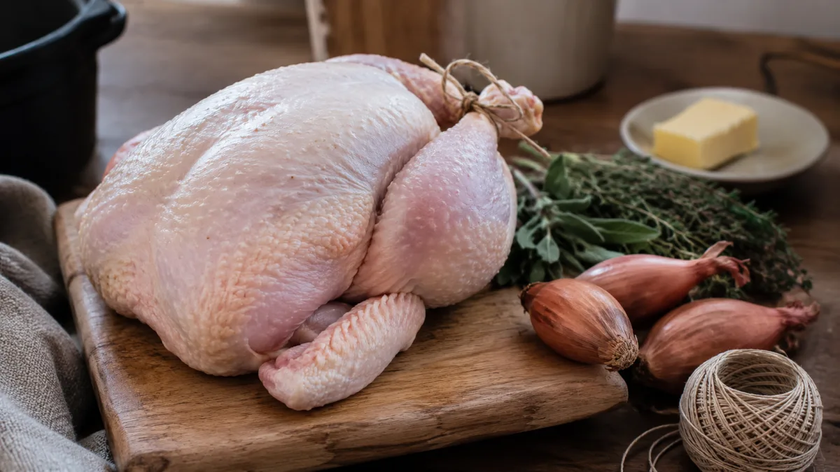 Whole chicken prepared for French cooking