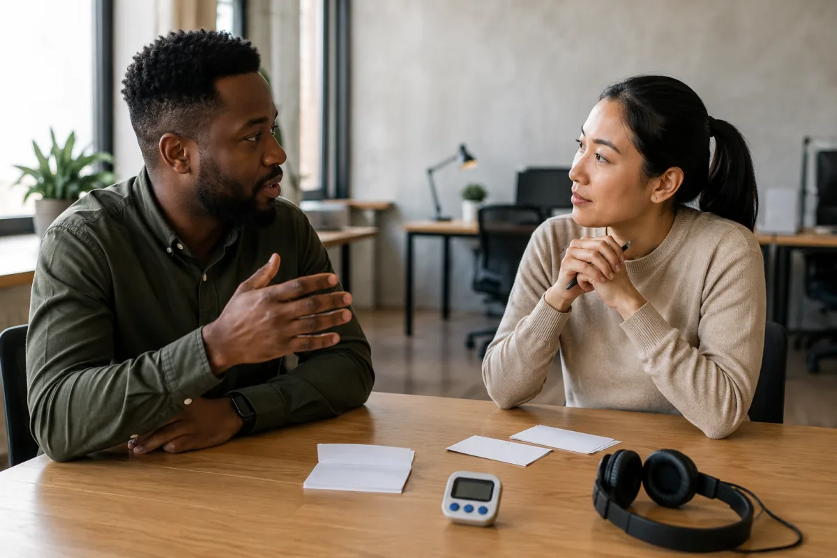 Customer service active listening drill with notes and timer
