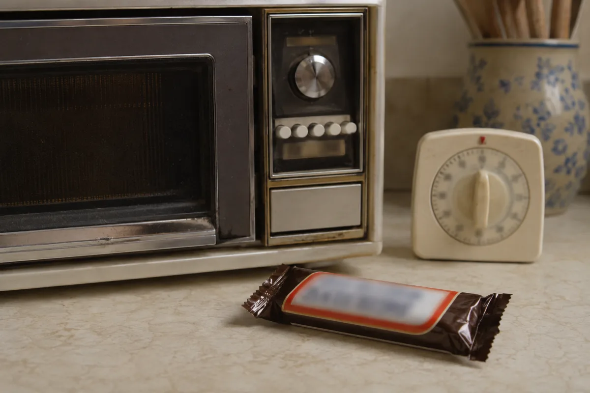 Microwave history with candy bar and kitchen appliance