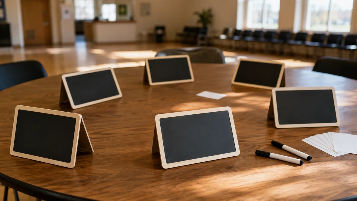 Small whiteboards and answer cards laid out on a round table at a couples workshop