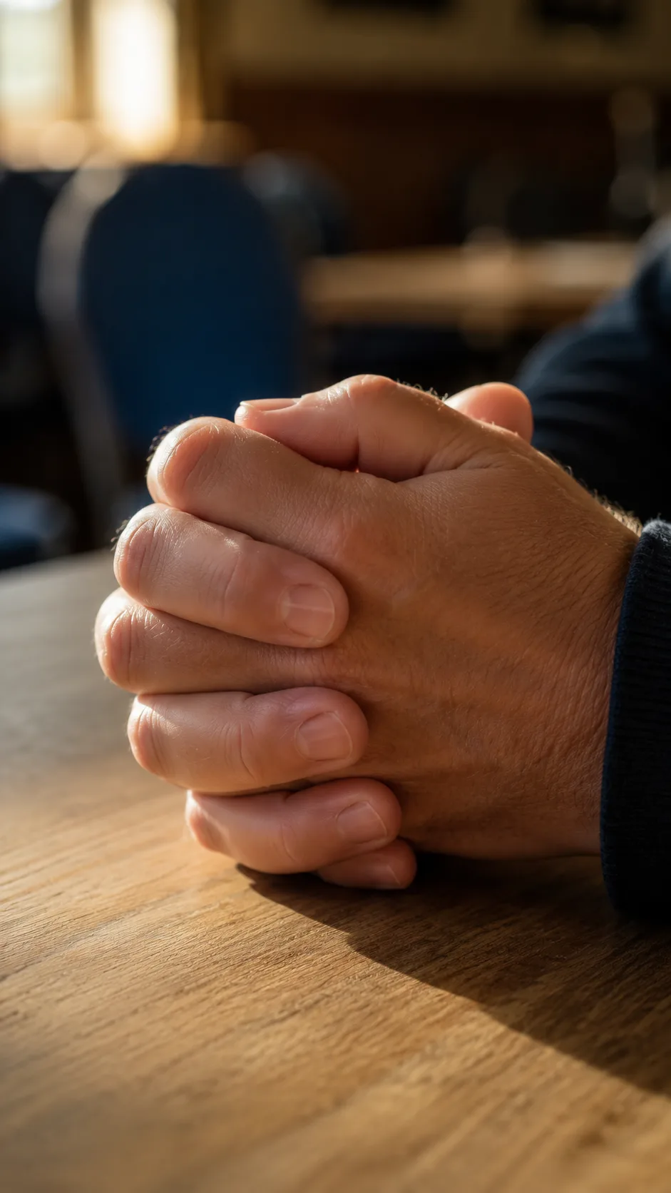 Two hands interlaced on a wooden seminar table in warm afternoon light