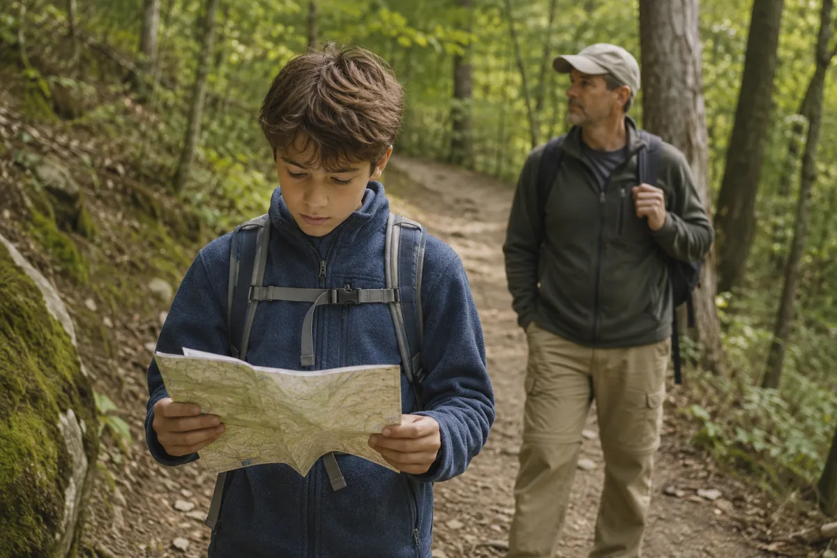 Teen boy reading trail map during family hike