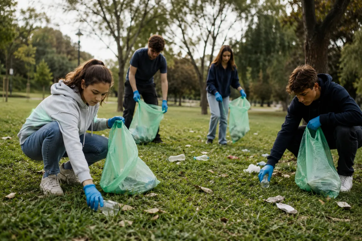 Teen boys helping with outdoor community cleanup