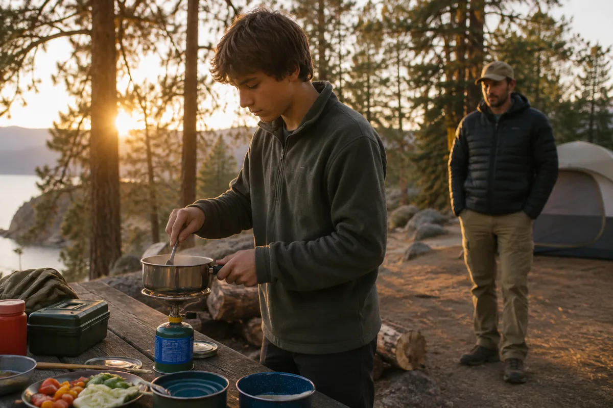 Teen learning outdoor cooking skill at campsite