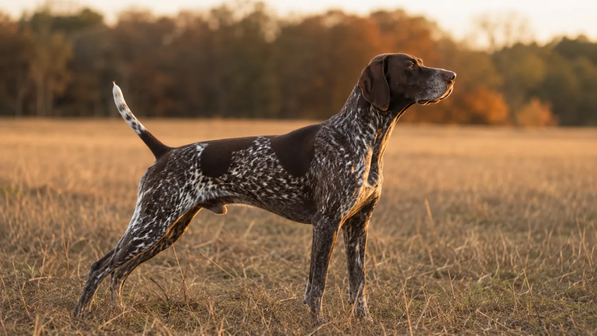 German Shorthaired Pointer standing in a field showing liver and white ticked coat pattern