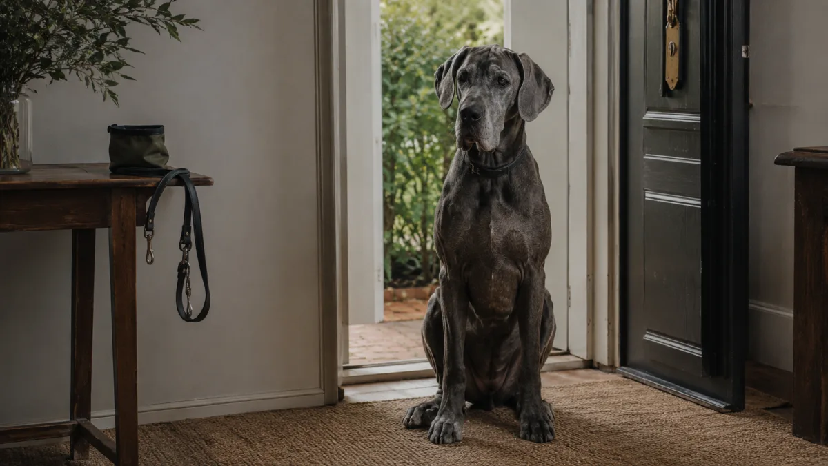 Great Dane practicing door manners