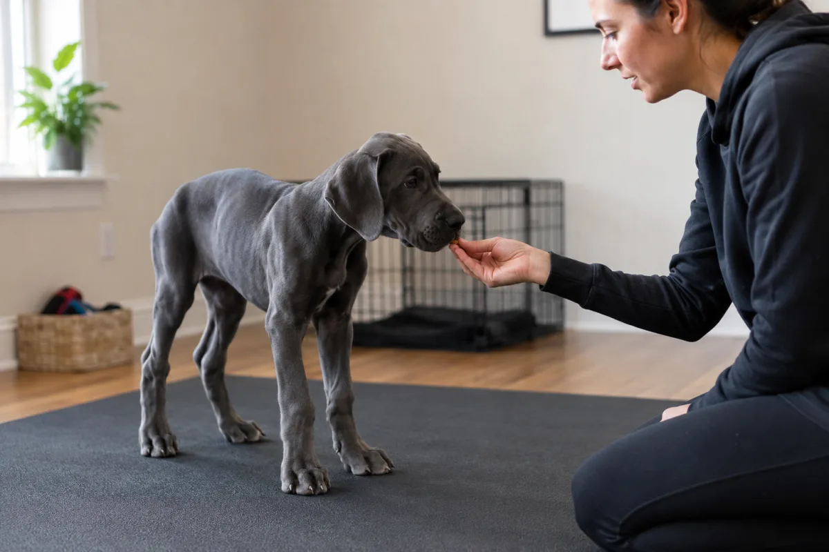 Great Dane puppy practicing settle on mat