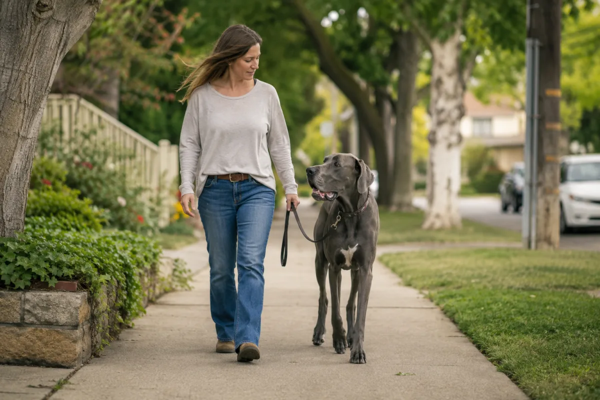 Great Dane walking calmly on leash