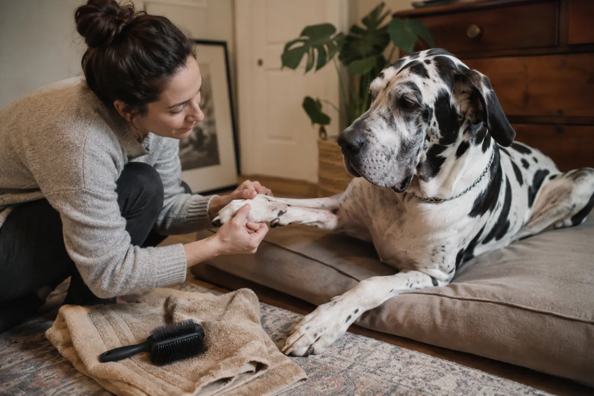 Great Dane paw handling training at home