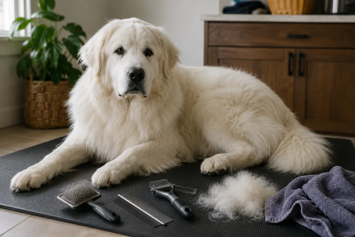 Great Pyrenees grooming tools and loose undercoat