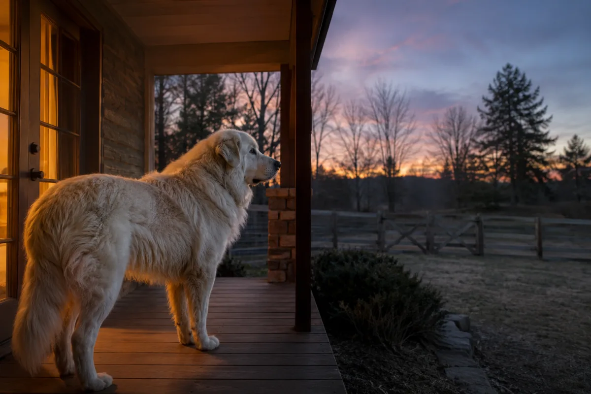 Great Pyrenees watching from a porch at dusk