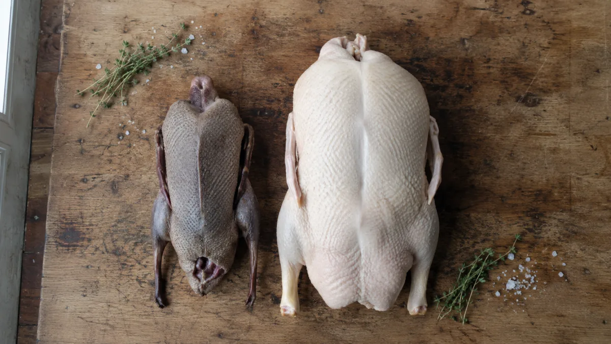 Side-by-side raw wild Mallard duck and farmed Pekin duck on a wooden butcher block