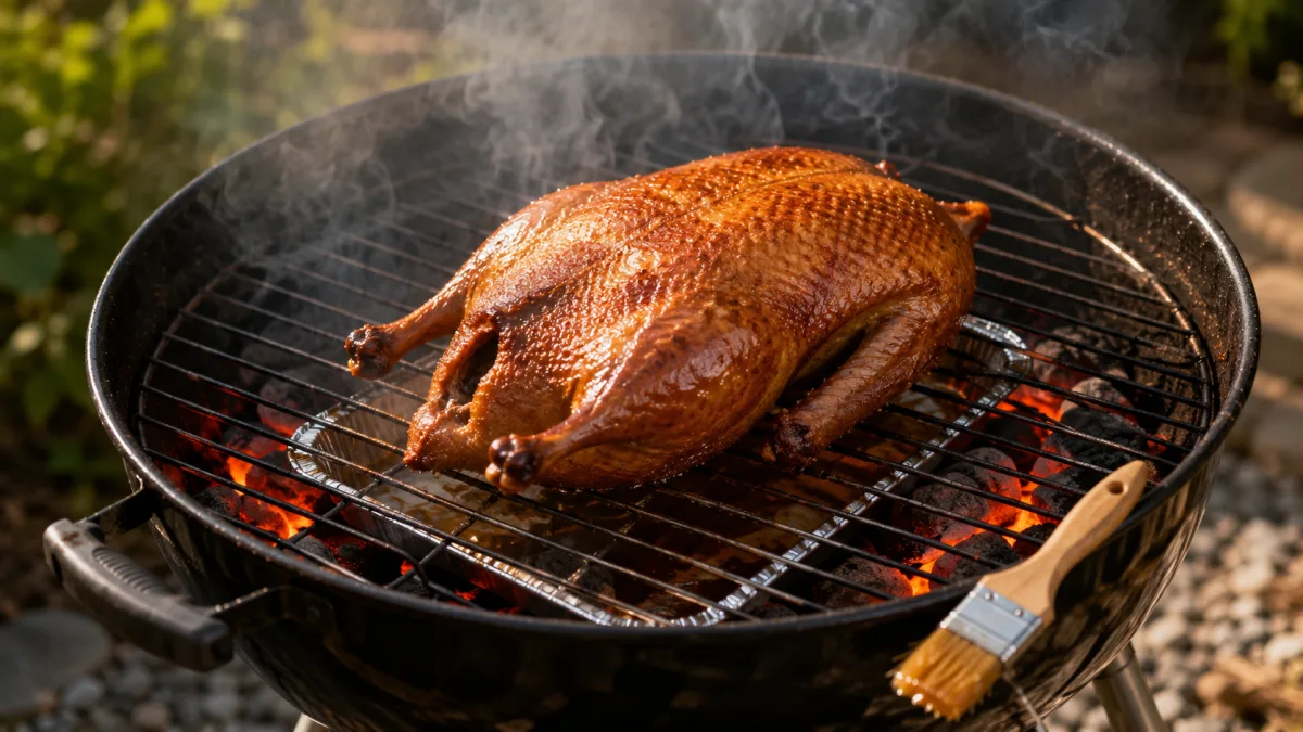 Whole duck resting breast-side up over a drip pan on a charcoal kettle grill with glowing coals banked on both sides
