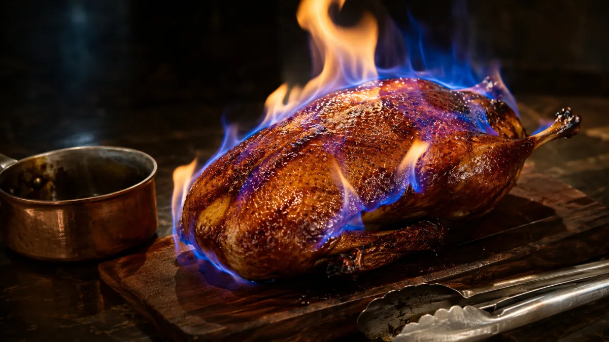 Blue brandy flames burning across the surface of a whole grilled duck on a carving board
